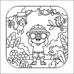 Cozy Boy Safari Explorer with Binoculars, Bold and Easy Jungle Animals Coloring Page, Tropical Adventure Vector Line Art