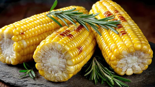 Deliciously grilled corn on the cob with fresh herbs served on a rustic wooden board