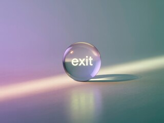 A crystal-clear sphere displays the word "exit," casting a soft shadow on a colorful background, symbolizing transition or departure.