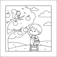 Cozy Boy Picking Apples with Squirrel in Orchard, Bold and Easy Autumn Harvest Coloring Page, Farm Fruit Vector Line Art for Kids