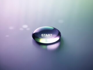 A sleek, iridescent droplet with the word "START" on it, set against a softly colored background, suggesting new beginnings and opportunities.