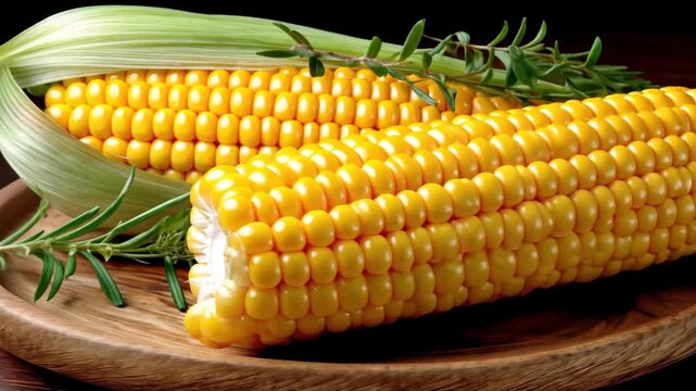 Fresh corn on the cob ready for grilling with vibrant green leaves and herbs placed on a rustic wooden plate