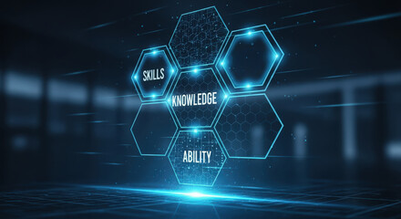 Dynamic blue neon hexagon network reflects in dark studio for immersive learning sessions