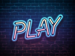 A vibrant neon sign spelling "PLAY" against a dark brick wall, evoking a sense of fun and excitement.