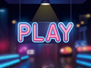 A vibrant neon sign reading "PLAY" illuminated against a blurred urban night backdrop, evoking a sense of excitement and entertainment.