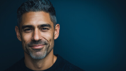 Obraz premium Portrait of a handsome man with graying hair against dark blue