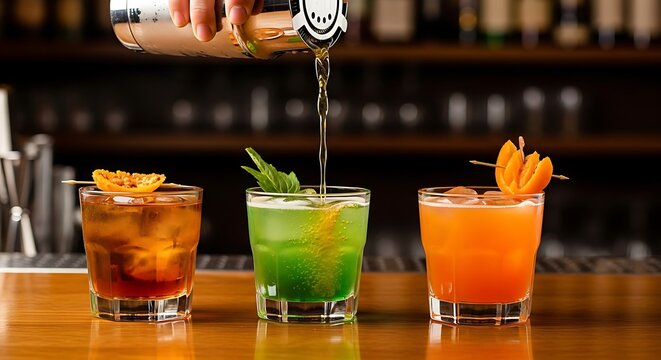 Bartender Pouring Colorful Cocktails into Glasses on Bar Counter