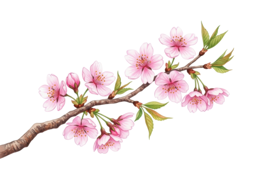 Delicate pink cherry blossoms with translucent petals and fresh green leaves on a gnarled brown branch against a transparent background with ample copy space, watercolor illustration, concept of - Powered by Adobe