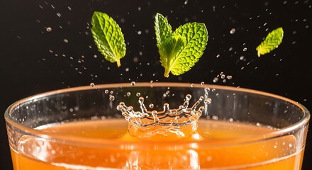 High-speed splash of mint and orange beverage in glass.