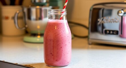Pink Berry Smoothie in Retro Glass Bottle on Kitchen Counter