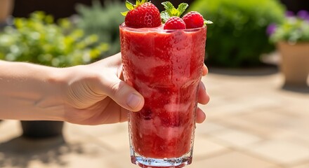 Hand holding refreshing berry smoothie outdoors in summer light