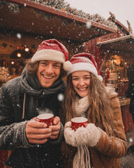Happy couple at outdoor Christmas cocoa stand, wearing festive Santa hats, steaming mugs in hands, snow falling, vintage winter market stall, cozy winter fashion, warm color palette