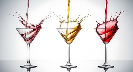 Three colorful cocktails splashing in martini glasses high speed