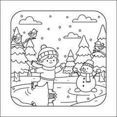 Cozy Boy Ice Skating with Snowman in Winter Forest, Bold and Easy Holiday Activity Coloring Page, Christmas Vector Line Art for Kids