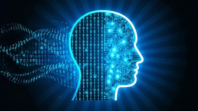Digital brain with binary code and circuit board pattern, representing artificial intelligence and technology