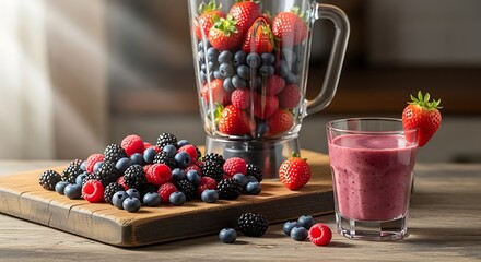 Fresh Berry Smoothie and Blender Ingredients on Wooden Countertop.