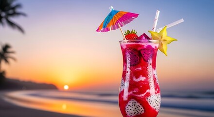 Tropical Sunset Cocktail with Dragon Fruit and Carambola on Beach