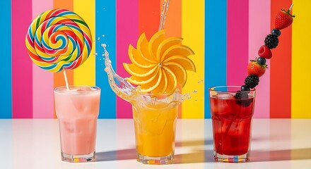 Refreshing Summer Drinks with Candy, Fruit, and Vibrant Colorful Background