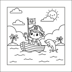 Cozy Little Pirate Boy Sailing with Dolphin, Bold and Easy Sea Adventure Coloring Page, Tropical Island Vector Line Art for Kids