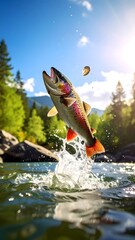 A fish leaps from water, sunlight, and a forest in the background