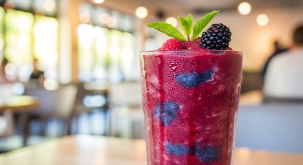 Fresh Mixed Berry Smoothie with Mint Garnish in Cafe Setting