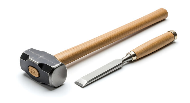 A robust steel sledgehammer and a sharp wood chisel with wooden handles, essential hand tools for construction and demolition, isolated on a white background