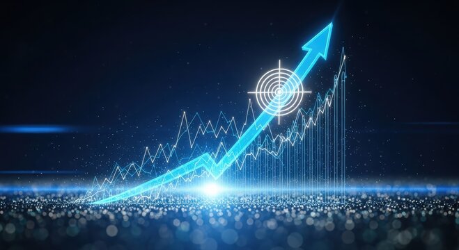Blue ascent over data visualization, Illuminated graph displays financial development