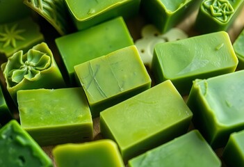 Lush green soap bars, various shapes & sizes, close-up,  healthy,  product photography