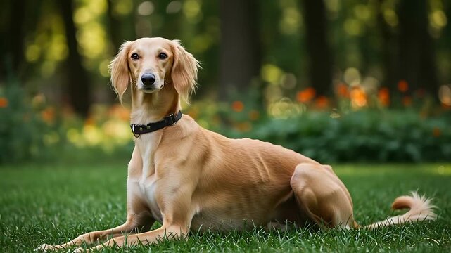 Majestic Saluki Dog Relaxing on Green Grass in Natural Park Setting with Soft Sunlight