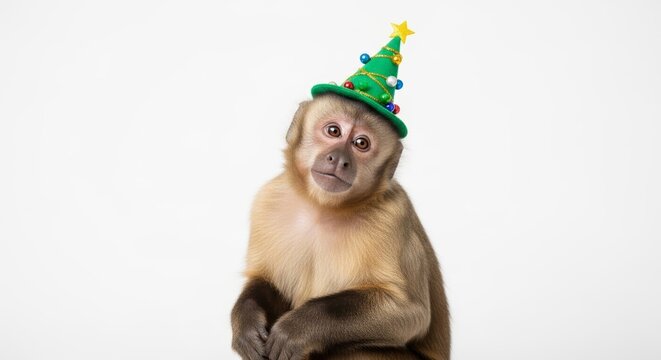 monkey wearing a Christmas tree hat, holiday animal graphic, on a white background