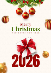 Merry Christmas, Happy New Year 2026 Holiday Poster, Festive 2026 Christmas, New Year Vector Greeting Card, New Year 2026 Party Invitation Design, Ornaments, Holiday Celebration Background