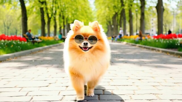 Ai happy Pomeranian dog wearing sunglasses walks through a sunny park lined with trees and flowers in springtime