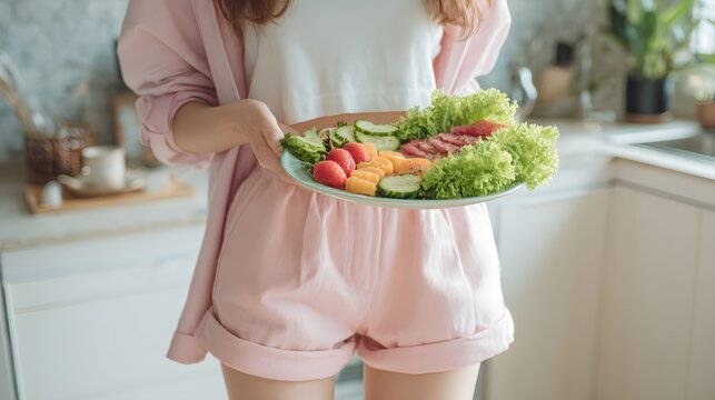Person presents a colorful plate filled with fresh vegetables and fruit indoors