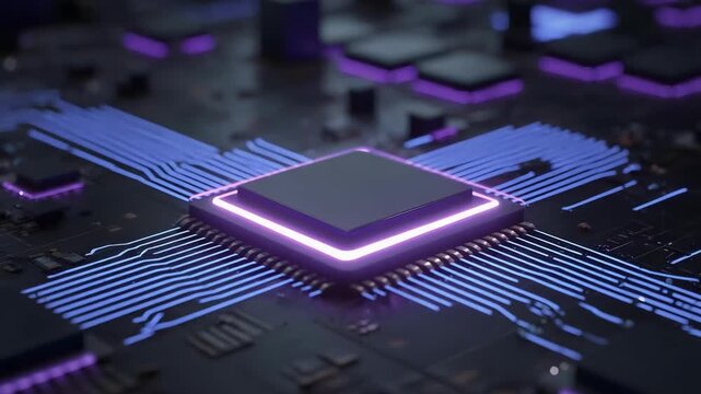 Close-up of a computer processor (CPU) on a motherboard with purple glowing accents.