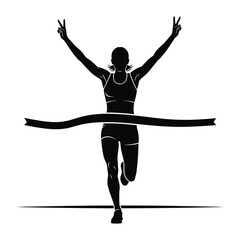 Runner crossing finish line with arms raised in victory sign