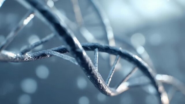 Close-up of a blue DNA double helix.