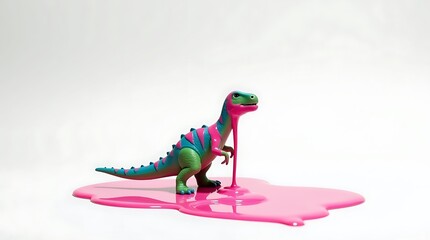 Toy Dinosaur with Pink Paint Splash on White Background for Creative Display
