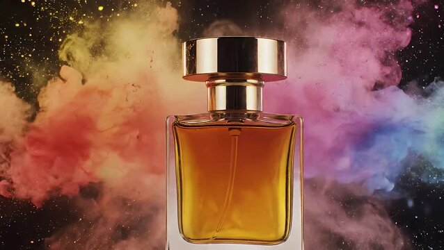 An elegant glass perfume bottle with a gold cap surrounded by a dramatic cloud of colorful smoke