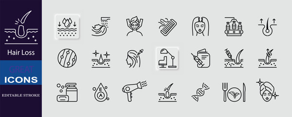 Set of thin line icons illustrating hair loss treatment, scalp care, and hair regeneration. Perfect for beauty, dermatology, and cosmetic brands.