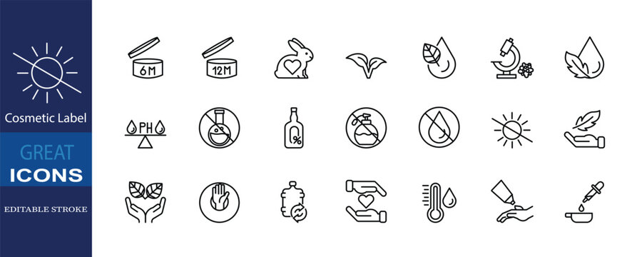 A clean editable-stroke icon set for cosmetic labels, featuring symbols for vegan, cruelty-free, pH balanced, and recyclable skincare packaging.
