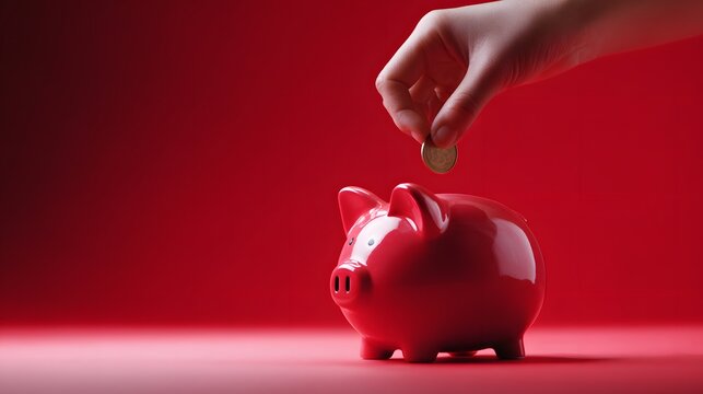 Human hand deposits coin into shiny red ceramic piggy bank against deep crimson background