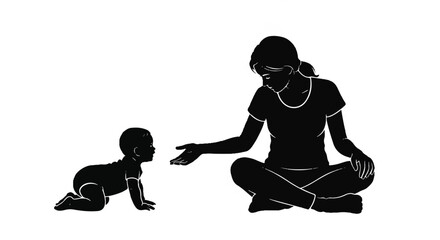 Stylized silhouette of a baby crawling towards a caring mother extending a hand, depicting early childhood development and parental bonding in a clean vector illustration