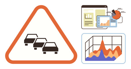 Warning sign for traffic congestion, dashboard graphs, pie chart, and area chart for data visualization. Ideal for transportation analysis, business insights, traffic forecasting, safety planning