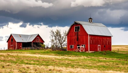 Two weathered red barns under stormy sky