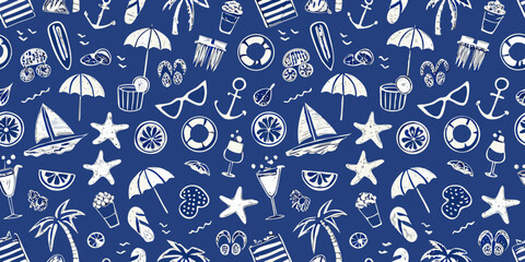 Fototapeta premium Whimsical hand drawn summer vacation pattern with beach icons on blue background