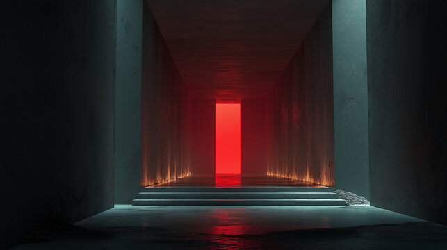 Dramatic red light corridor with reflective surface and concrete textures