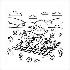 Bold and Easy, Cozy Child and Bunny Picnic Vector Line Art: Cute Kid Eating Fruit with Pet in Park, Spring Outdoor Coloring Page
