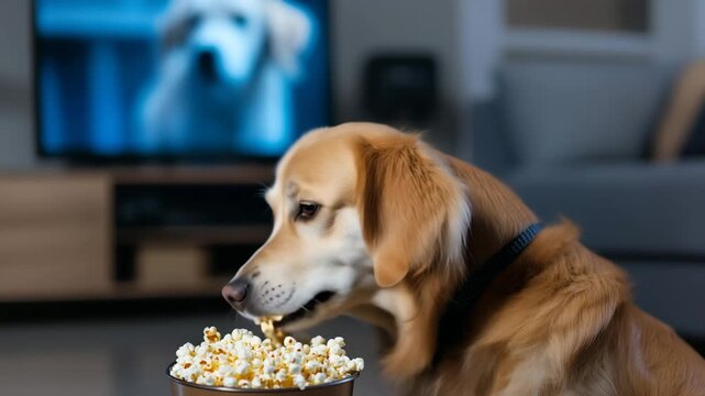 Ai cheerful dog eating popcorn, focused on a television program in a cozy living room at night. The atmosphere is relaxed and inviting.