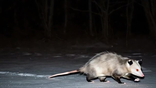 Opossum Navigating Snowy Terrain at Night Winter Wildlife Observation, nocturnal survival,
