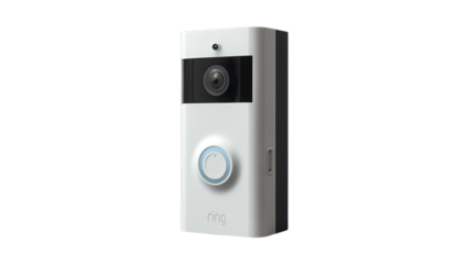 A sleek, modern video doorbell showcasing advanced security features on a transparent background.